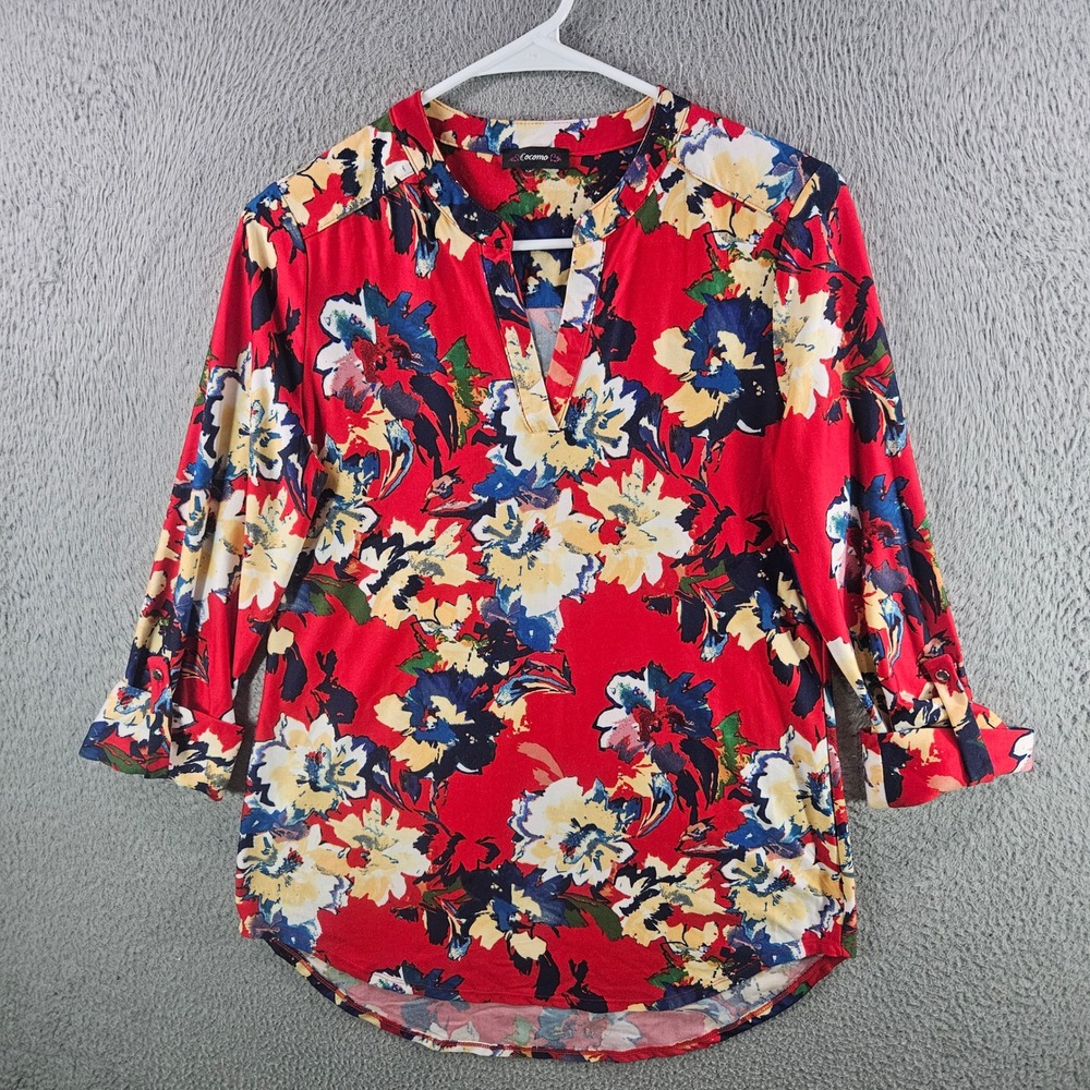 Cocomo‎ Womens Red Floral Split V-Neck 3/4 Sleeve Roll Tab Blouse Top Size S